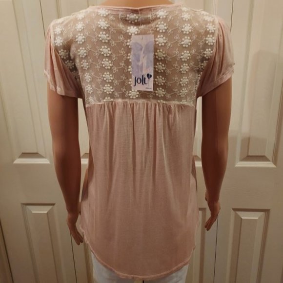 Jolt Dusk Pink Ivory Embroidered Bib Lace Cap Sleeve Blouse Size S NWT - Picture 3 of 5